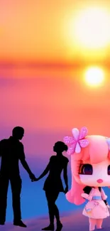 Cartoon character and couple silhouette in vibrant orange sunset wallpaper.