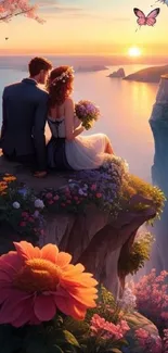 Romantic couple on cliff at sunset with flowers and butterflies.