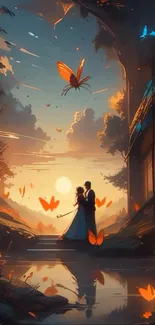 Romantic couple silhouette at sunset with butterflies and nature.