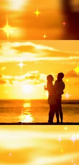 Couple embracing on beach at sunset with sparkling stars.