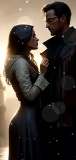 Romantic couple silhouetted at sunset with vintage style.