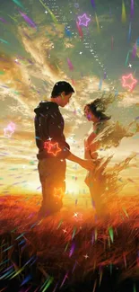 Couple holding hands in a vibrant sunset field with colorful stars.