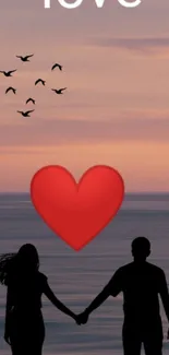 Romantic sunset wallpaper with couple, heart, and birds.