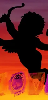 Silhouette of Cupid against a sunset with colorful letters spelling 'LOVE'.