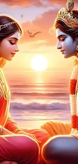 Divine couple sitting by the ocean at sunset with vibrant colors.