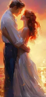 Romantic couple embracing at sunset by the sea, under warm orange skies.