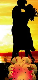 Silhouette of a couple embracing at sunset with vibrant colors.