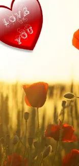 Romantic sunset with red poppies and heart shape design.