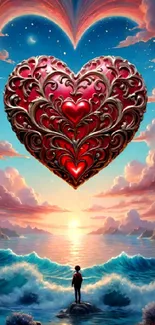 Surreal sunset with a red ornate heart over a tranquil ocean.