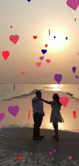 Couple dancing at sunset on beach with heart overlays.