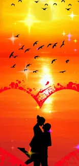 Silhouette of couple in heart at sunset with birds flying.