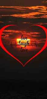 Romantic sunset heart with 'Live Laugh Love' text.