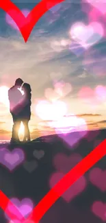 Romantic sunset with couple inside a heart-shaped silhouette.