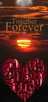 Romantic sunset with red heart and 'Together Forever' text.