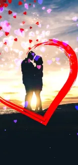 Silhouetted couple with heart design at sunset.