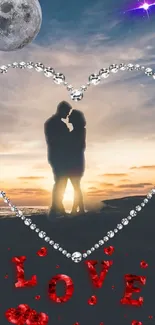 Silhouetted couple in heart at sunset with 'Love' text.