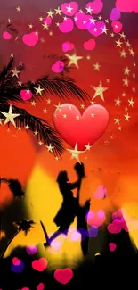 Romantic silhouette at sunset with hearts and stars.