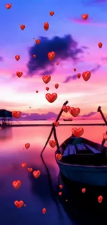 Romantic sunset with floating red hearts on calm ocean.