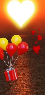 Romantic sunset with heart and balloons over the sea.