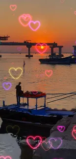 Sunset with boat and neon heart overlay on tranquil water scene.