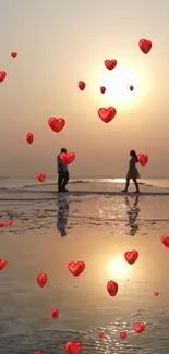 A romantic sunset at beach with floating red hearts and a couple's silhouette.