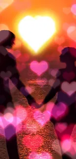 A romantic sunset with hearts and a couple silhouette holding hands.