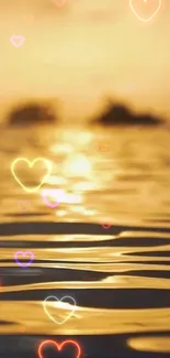 Romantic sunset with hearts over a golden ocean scene.