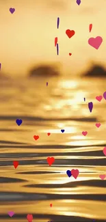 Romantic sunset with hearts over a golden ocean scene.