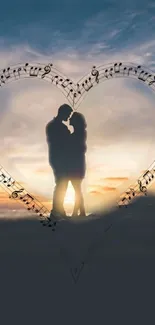 Romantic sunset wallpaper with heart music notes.