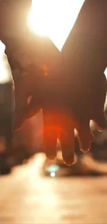 Couple holding hands at sunset in a glowing, romantic backdrop.