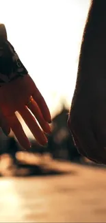 Silhouetted hands reaching during sunset.