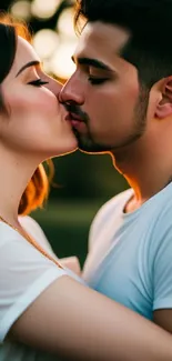 Romantic couple sharing a kiss at sunset with soft, warm lighting.