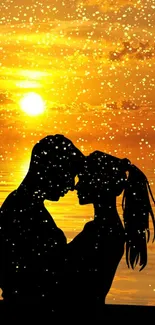 Silhouette couple embracing at golden sunset.