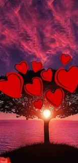 Romantic sunset with tree and red hearts.