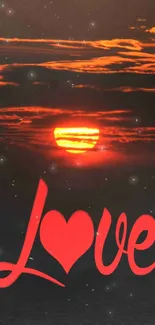 Sunset with 'Love' text on mobile wallpaper.