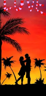 Romantic couple silhouette under sunset with palm trees and love text.