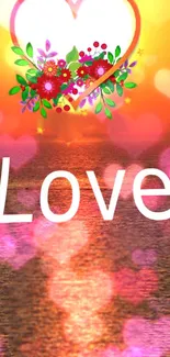 Romantic sunset wallpaper with heart floral design and word 'Love'.