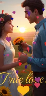 A couple holding sunflowers at sunset, symbolizing true love.