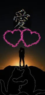 Romantic couple silhouette at sunset with pink hearts and artistic designs.