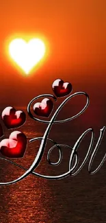 Romantic sunset wallpaper with hearts and love script.