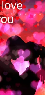 Romantic silhouette couple at sunset with hearts and vibrant colors.