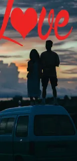 Silhouette of couple on van at sunset with Love text.