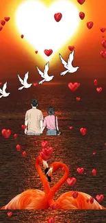 Romantic sunset wallpaper with a couple, flamingos, and floating hearts.