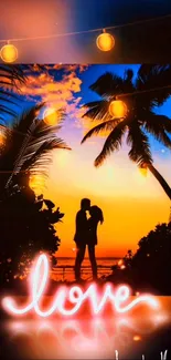 Romantic sunset wallpaper with couple silhouette and glowing lights.