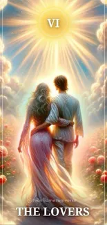 Lovers under a radiant sunset illustration, surrounded by clouds and roses.