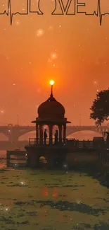 Romantic sunset over a riverside temple with a love-themed design.