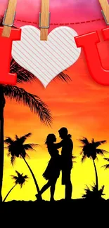 Romantic sunset wallpaper with couple silhouette and I Love U message.