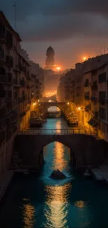 City canal at dusk with sunset reflecting in calm waters.