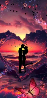 Romantic sunset wallpaper with heart and couple silhouette.