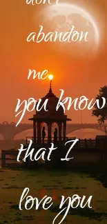 Orange sunset with bridge silhouette and romantic text overlay.